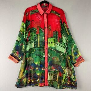 Dor Dor Tunic Top Womens Large Button Up Long Sleeve Sheer Colorful Artsy Bold
